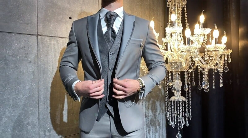 costume de mariage roma gris